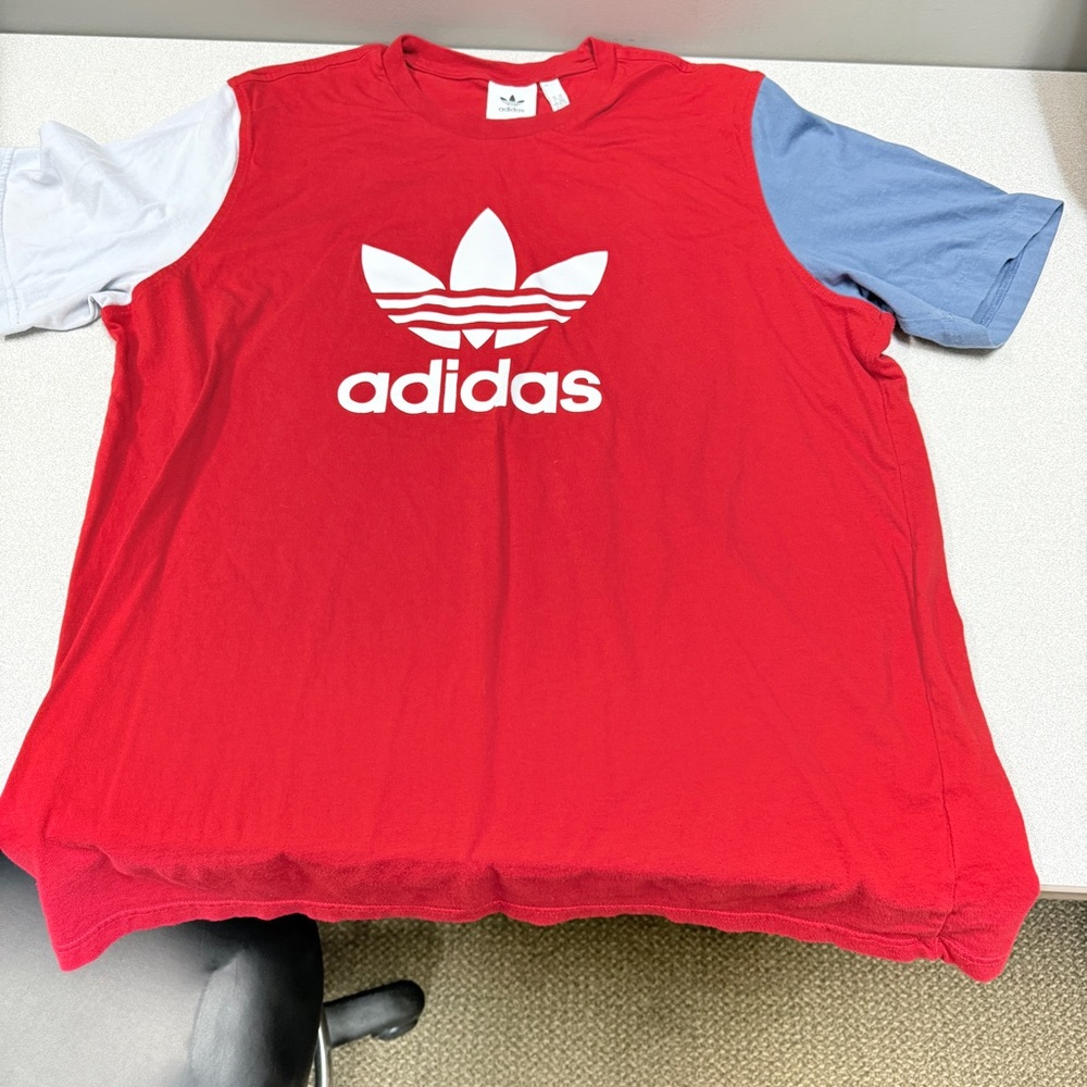 Adidas Mens Red with Blue-Grey sleeves Logo T-Shirt